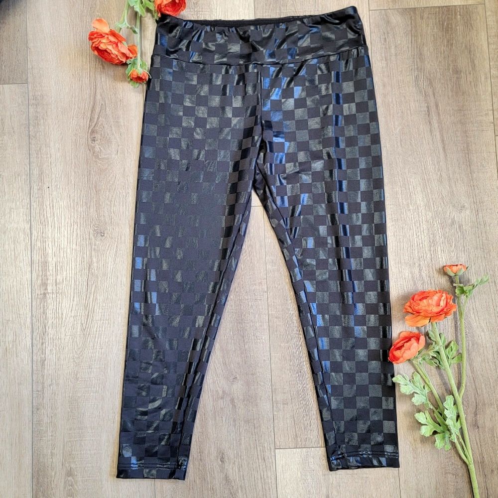 Checkered Leggings Matte Black & Shiny Faux Leather Stretch Sz XL No Boundaries